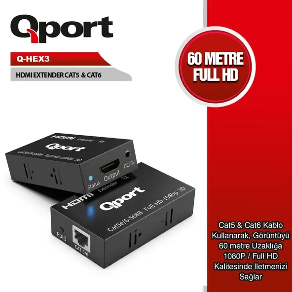 Qport 60m HDMI Extender Metal Kasa 2'li Paket