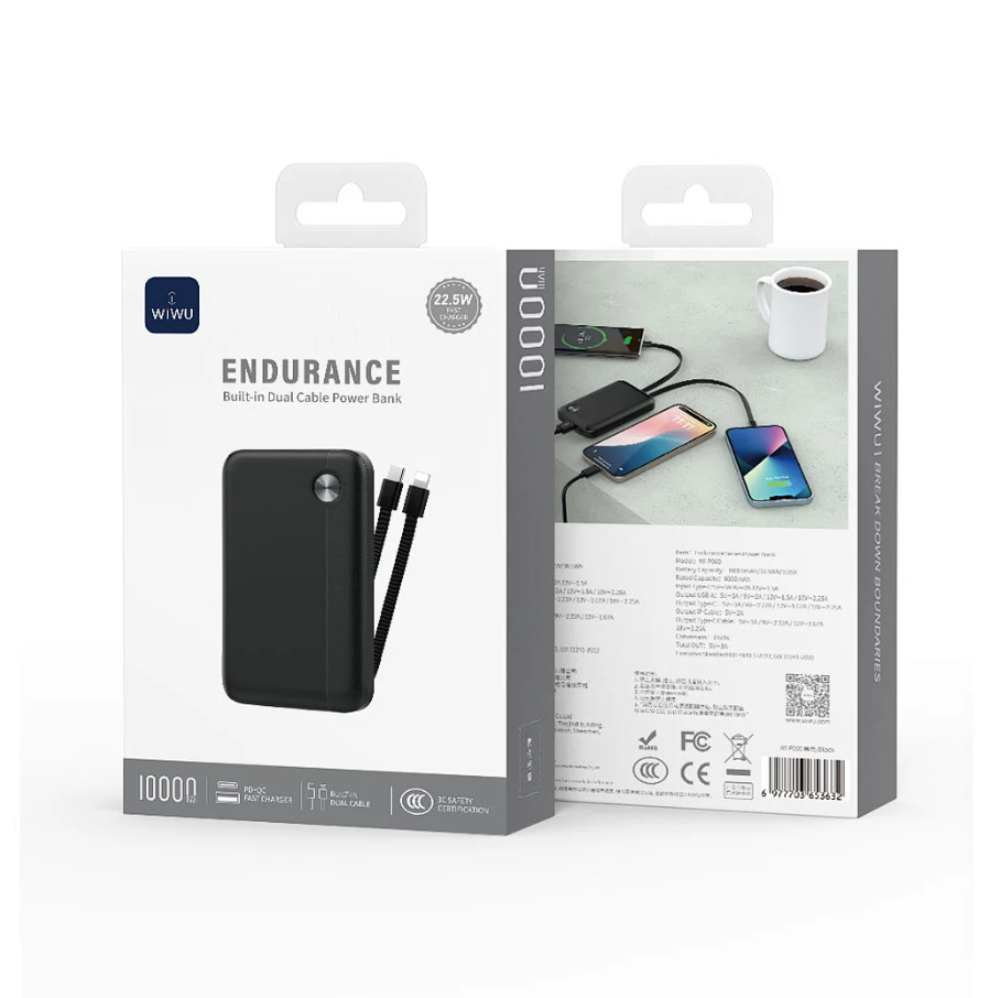 Wiwu Endurance Type C - Lightning Kablolu 10000mAh Powerbank - Siyah