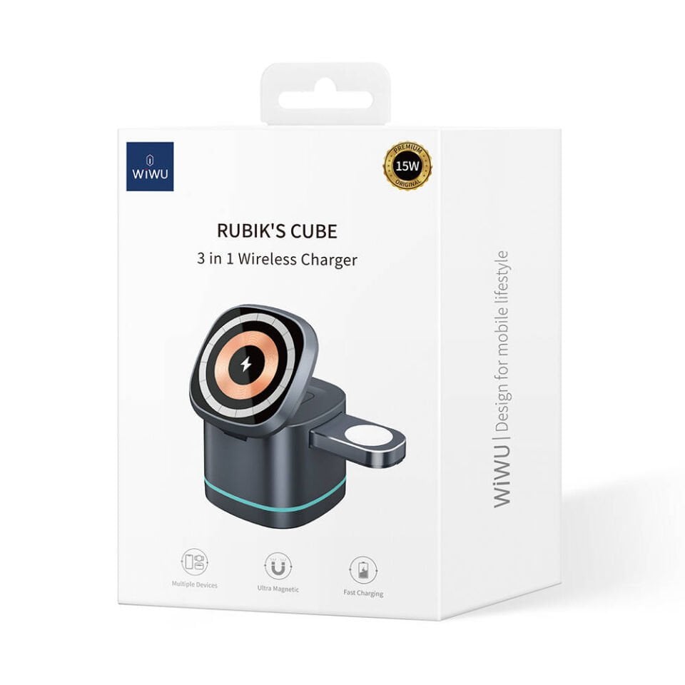 Wiwu Rubik Küp Ambiyans Işıklı 3-in-1 Kablosuz Şarj Standı