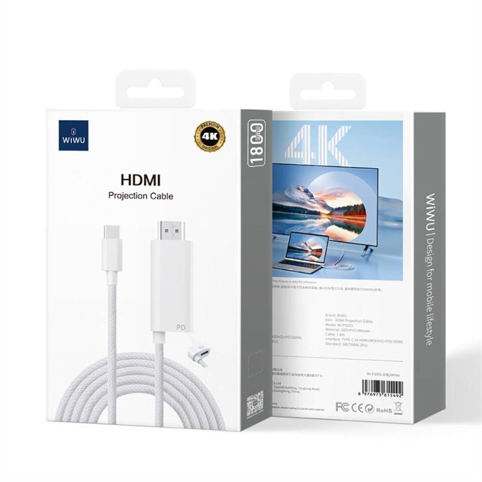 Wiwu Type-C to HDMI PD Şarj ve Projeksiyon Kablosu 1.8M