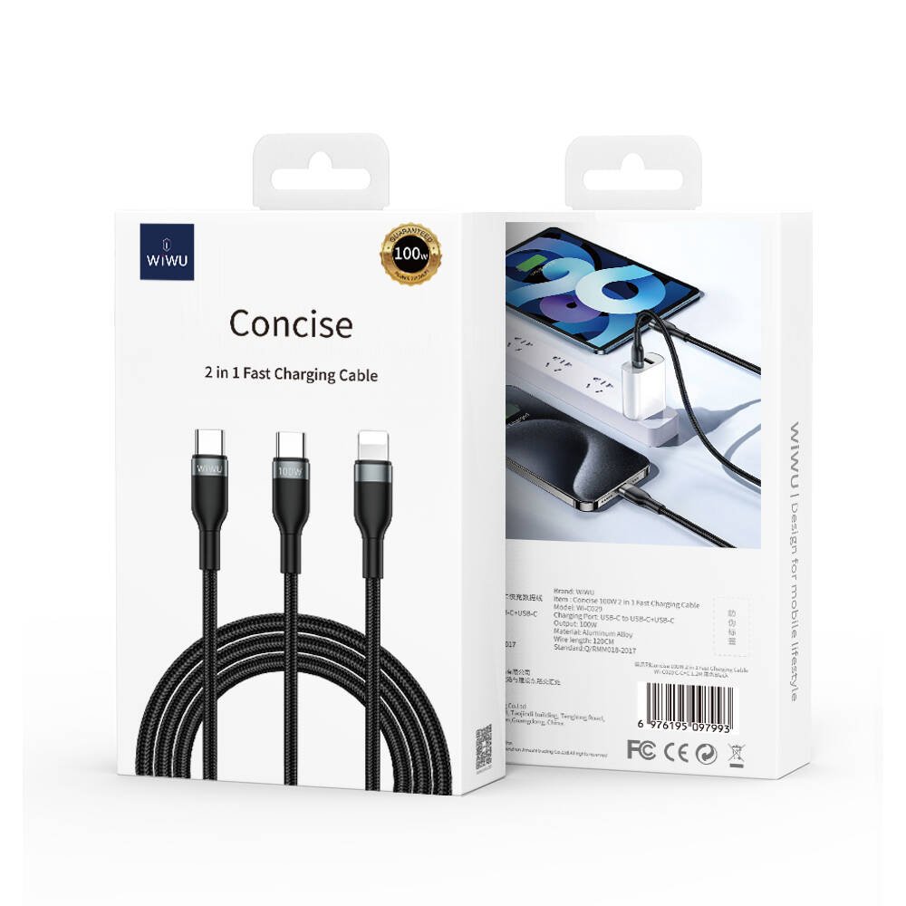 Wiwu Concise 100W 2-in-1 Type-C + Type-C 1.2m Şarj Kablosu