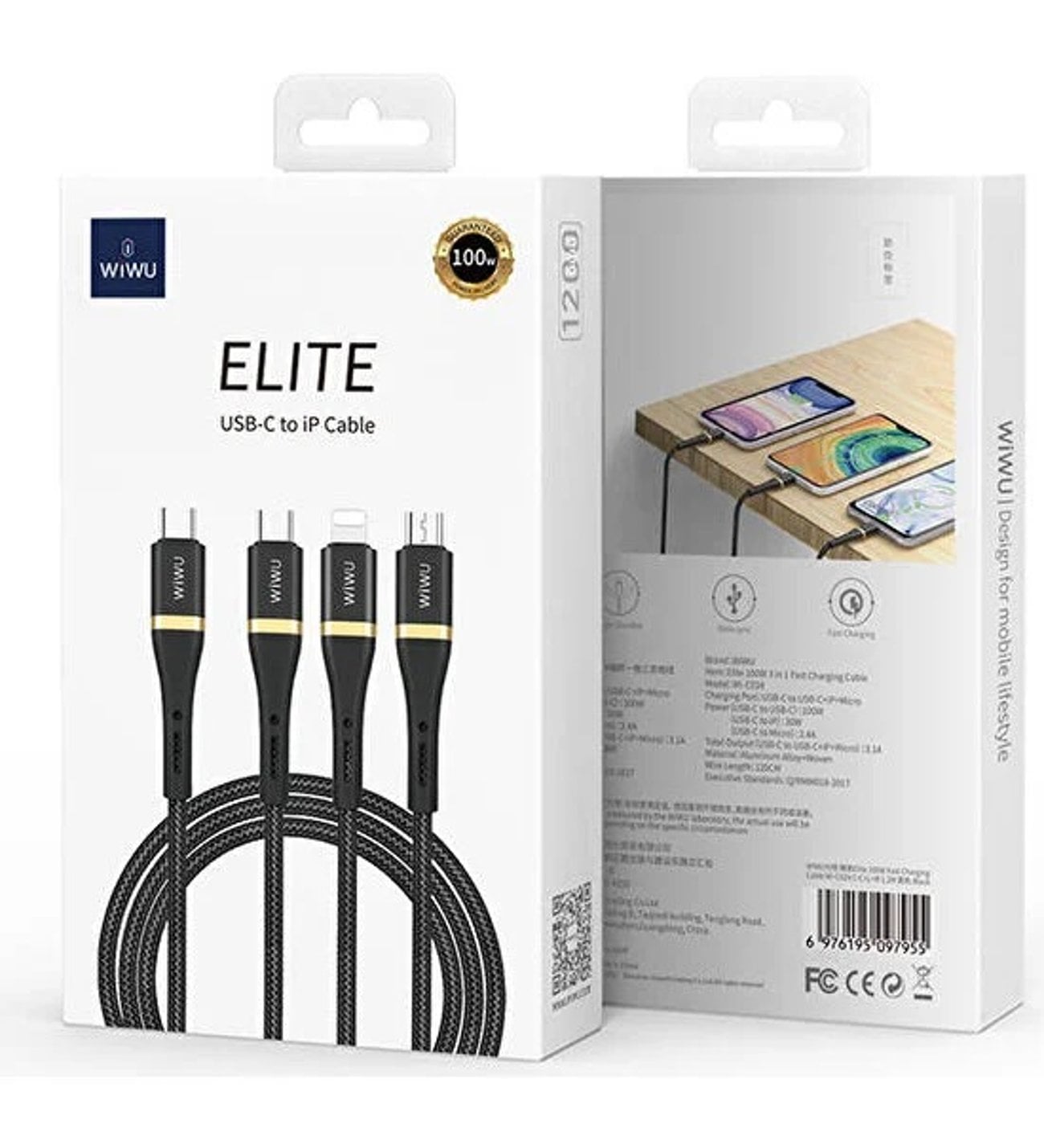 Wiwu Elite 100W 3-in-1 1.2m Type-C to Lightning + Type-C + Micro USB Ultra Hızlı Şarj Kablosu