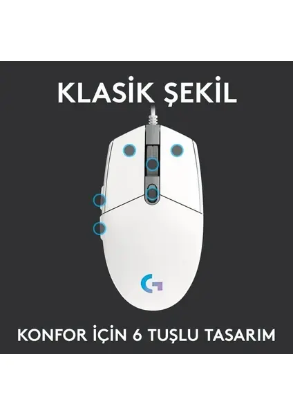 Logitech G102 Lightsync Optik Kablolu Oyuncu Mouse - Beyaz