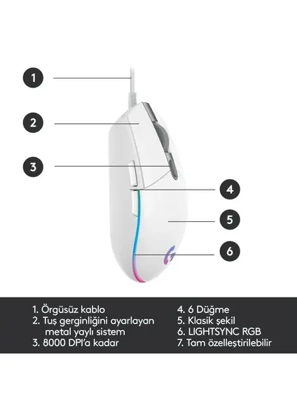Logitech G102 Lightsync Optik Kablolu Oyuncu Mouse - Beyaz