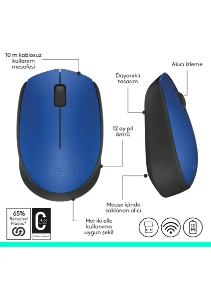 Logitech M171 Wireless Optik Mouse - Mavi