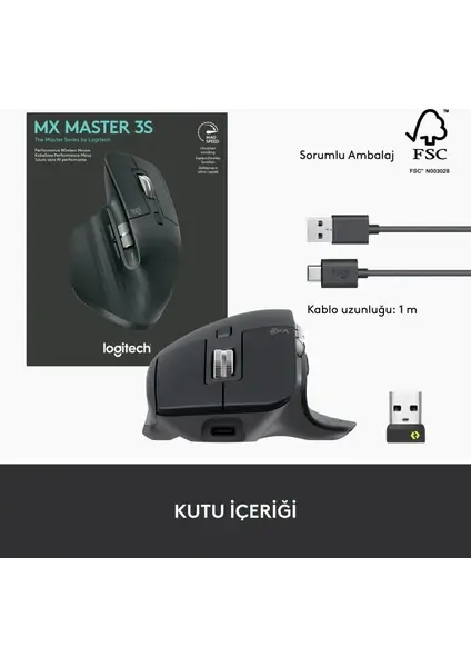 Logitech Mx Master 3S Şarjlı Sessiz Ergonomik Optik Kablosuz Mouse - Siyah
